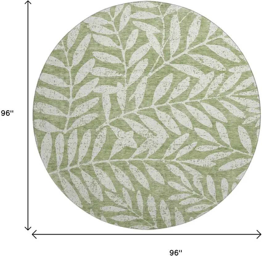 8' Green And Beige Floral Washable Round Rug With UV Protection Photo 8