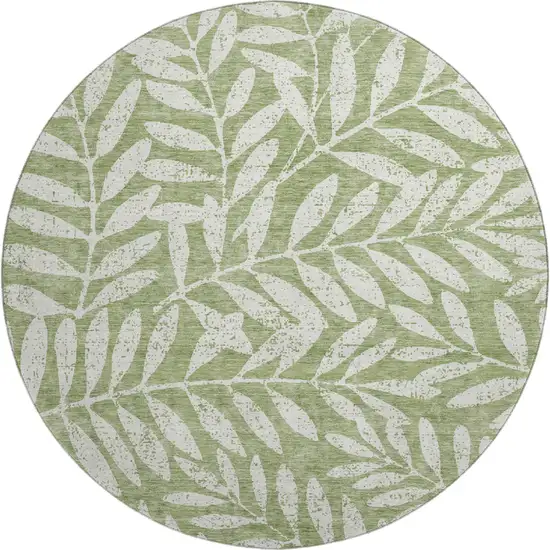 8' Green And Beige Floral Washable Round Rug With UV Protection Photo 1