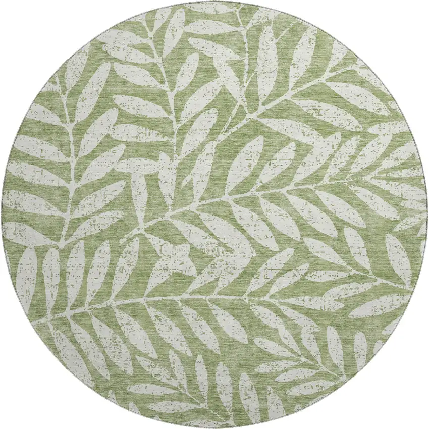 8' Green And Beige Floral Washable Round Rug With UV Protection Photo 1