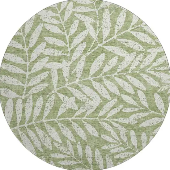 8' Green And Beige Floral Washable Round Rug With UV Protection Photo 3