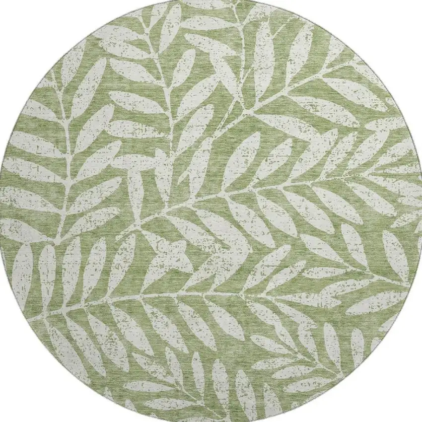 8' Green And Beige Floral Washable Round Rug With UV Protection Photo 3