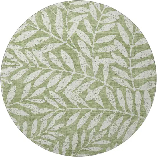 8' Green And Beige Floral Washable Round Rug With UV Protection Photo 4