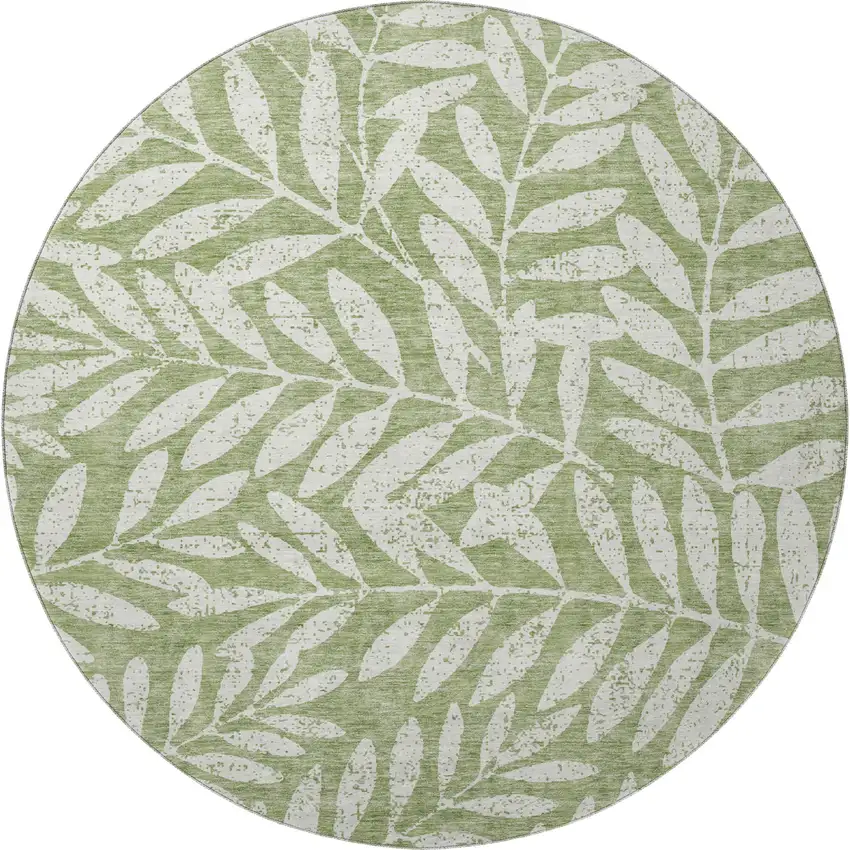 8' Green And Beige Floral Washable Round Rug With UV Protection Photo 4