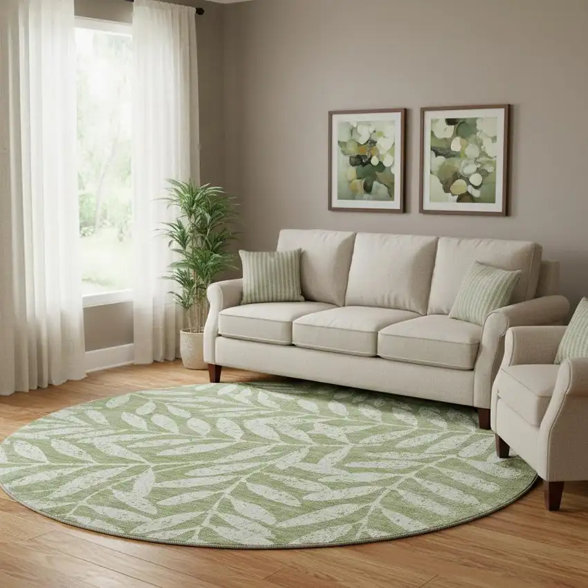 8' Green And Beige Floral Washable Round Rug With UV Protection Photo 1