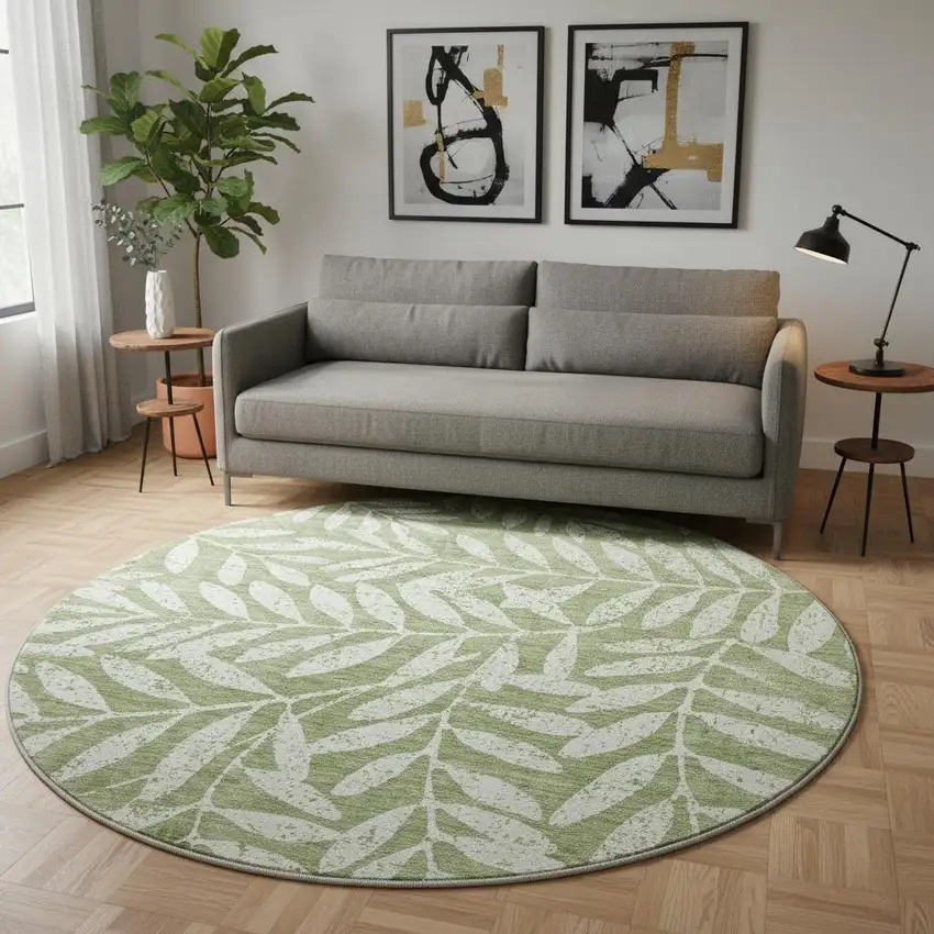 8' Green And Beige Floral Washable Round Rug With UV Protection Photo 2