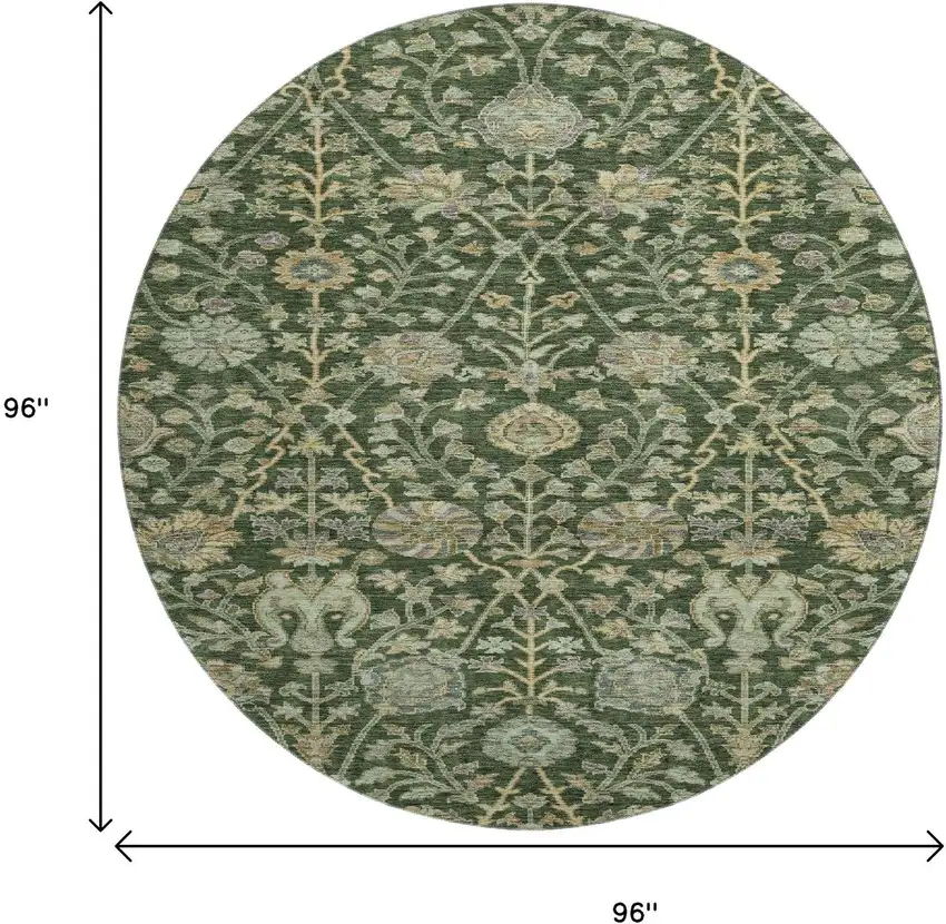 8' Green And Beige Floral Washable Round Rug With UV Protection Photo 9