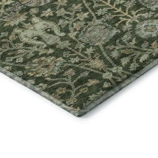 8' Green And Beige Floral Washable Round Rug With UV Protection Photo 6