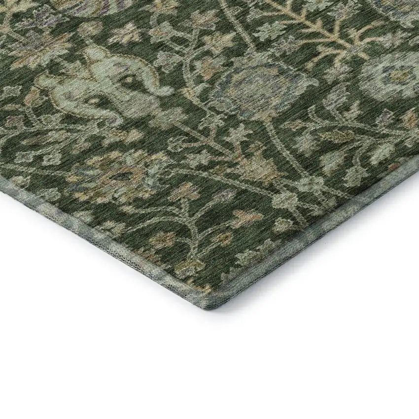 8' Green And Beige Floral Washable Round Rug With UV Protection Photo 6