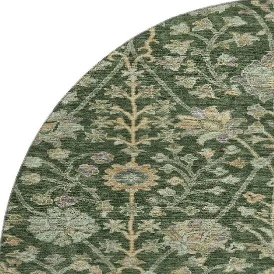 8' Green And Beige Floral Washable Round Rug With UV Protection Photo 2