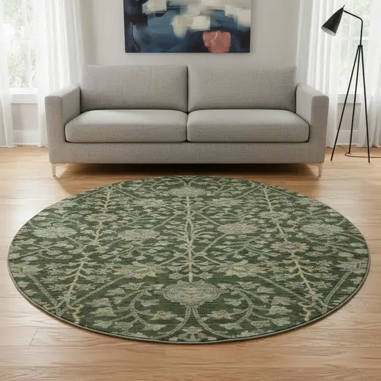 8' Green And Beige Floral Washable Round Rug With UV Protection Photo 2