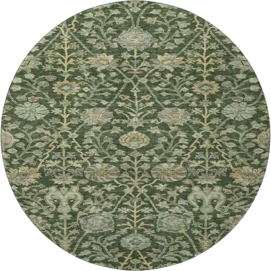 8' Green And Beige Floral Washable Round Rug With UV Protection Photo 4