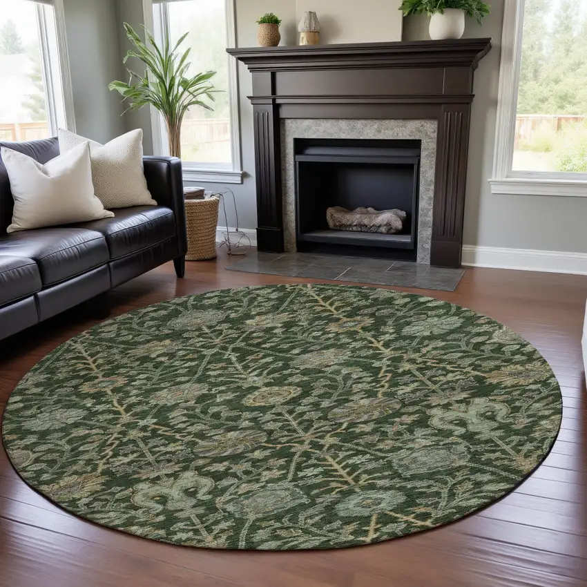 8' Green And Beige Floral Washable Round Rug With UV Protection Photo 4