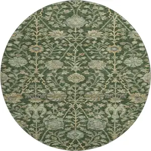 Photo of 8' Green And Beige Floral Washable Round Rug With UV Protection