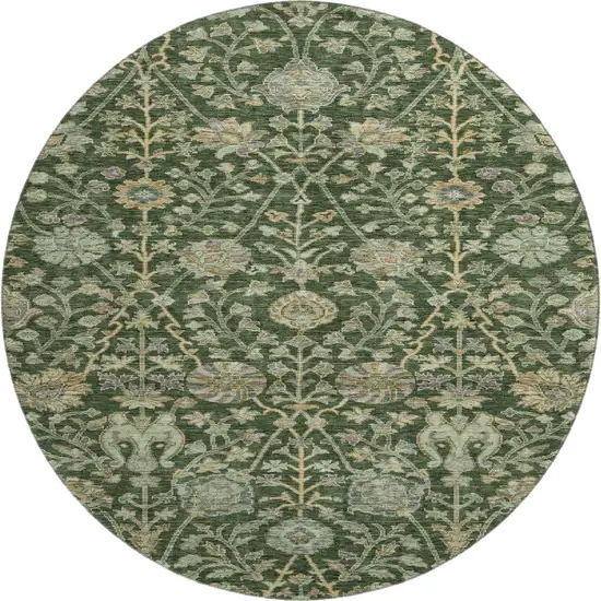 8' Green And Beige Floral Washable Round Rug With UV Protection Photo 1