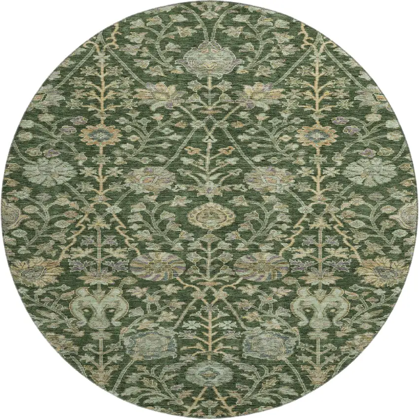 8' Green And Beige Floral Washable Round Rug With UV Protection Photo 1