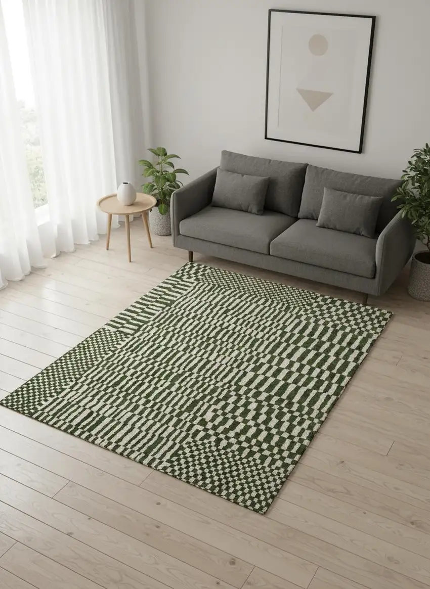 8' Green And Beige Geometric Berber Washable Round Rug With UV Protection Photo 1