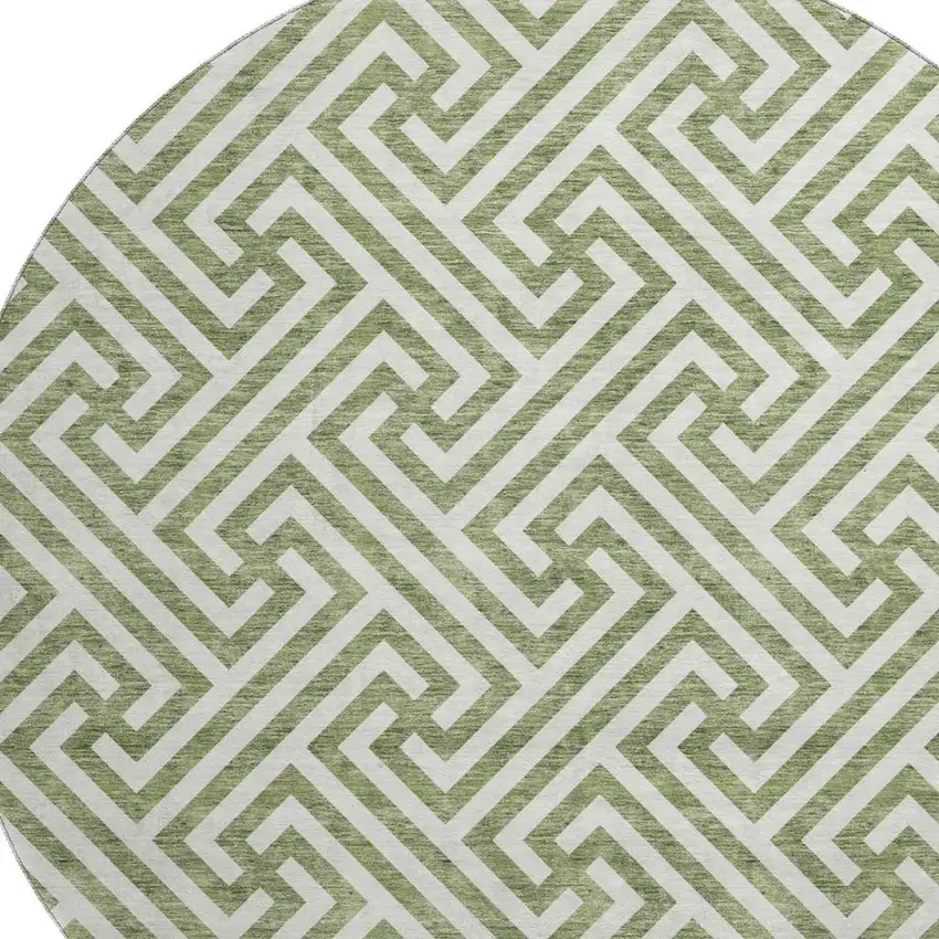 8' Green And Beige Geometric Washable Round Rug With UV Protection Photo 3