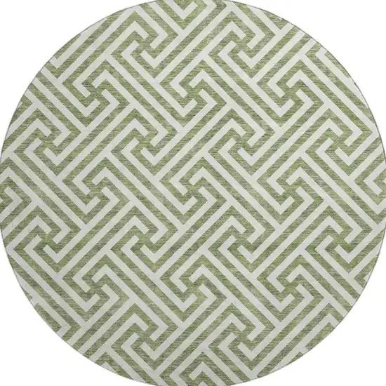 8' Green And Beige Geometric Washable Round Rug With UV Protection Photo 4