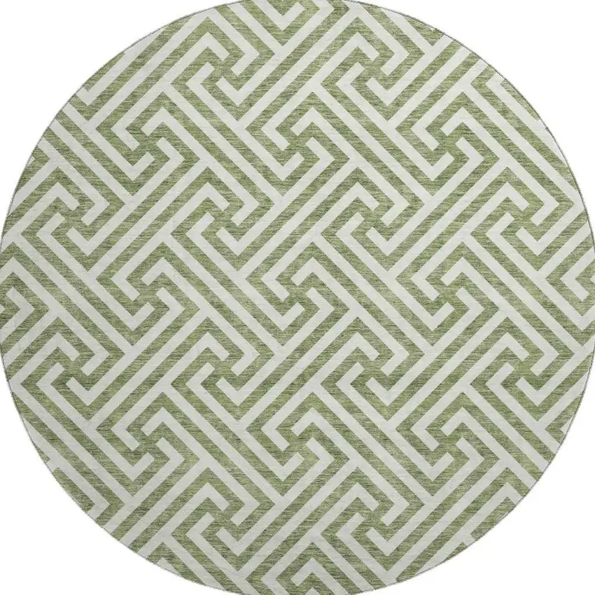 8' Green And Beige Geometric Washable Round Rug With UV Protection Photo 4