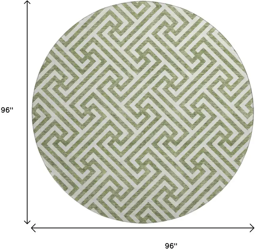 8' Green And Beige Geometric Washable Round Rug With UV Protection Photo 3