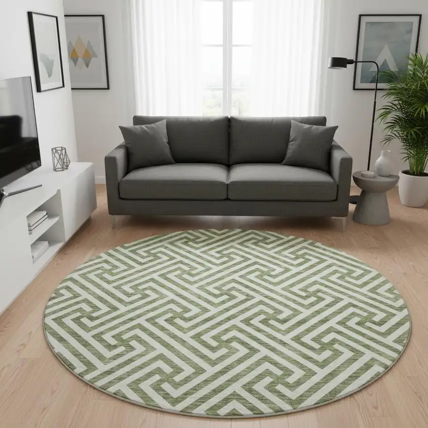 8' Green And Beige Geometric Washable Round Rug With UV Protection Photo 2