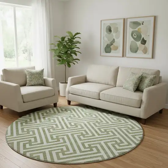 8' Green And Beige Geometric Washable Round Rug With UV Protection Photo 1