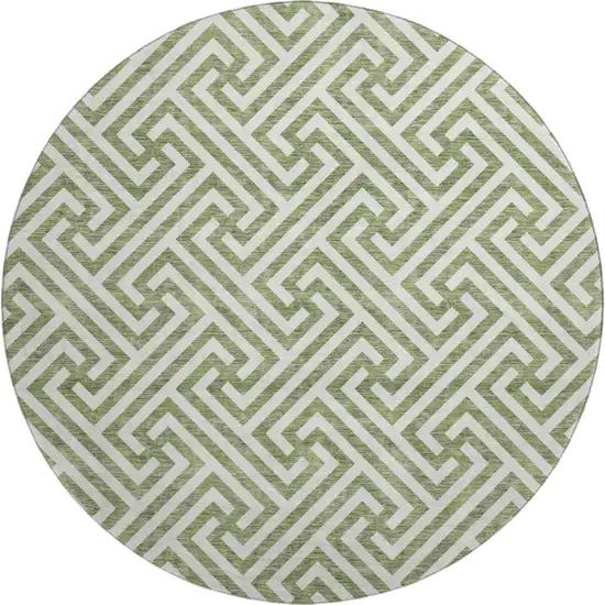8' Green And Beige Geometric Washable Round Rug With UV Protection Photo 1