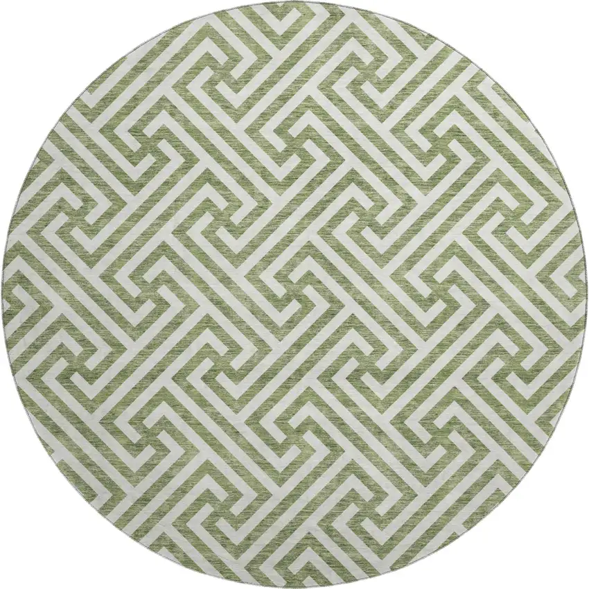 8' Green And Beige Geometric Washable Round Rug With UV Protection Photo 1