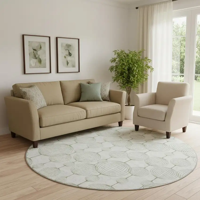 8' Green And Beige Geometric Washable Round Rug With UV Protection Photo 1