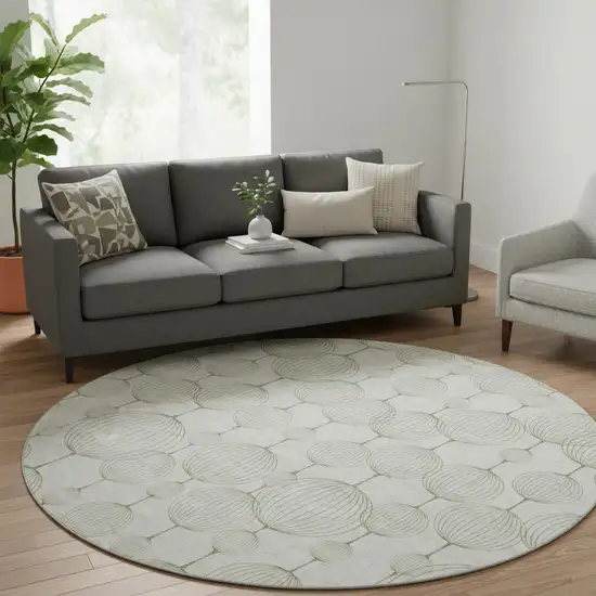 8' Green And Beige Geometric Washable Round Rug With UV Protection Photo 2