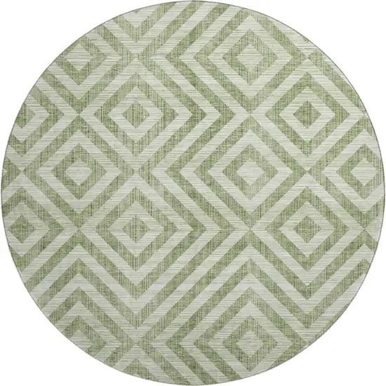 8' Green And Beige Geometric Washable Round Rug With UV Protection Photo 1
