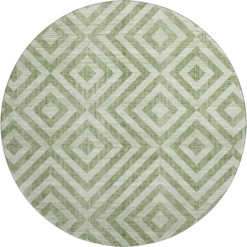 8' Green And Beige Geometric Washable Round Rug With UV Protection Photo 1