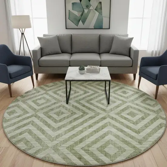 8' Green And Beige Geometric Washable Round Rug With UV Protection Photo 2