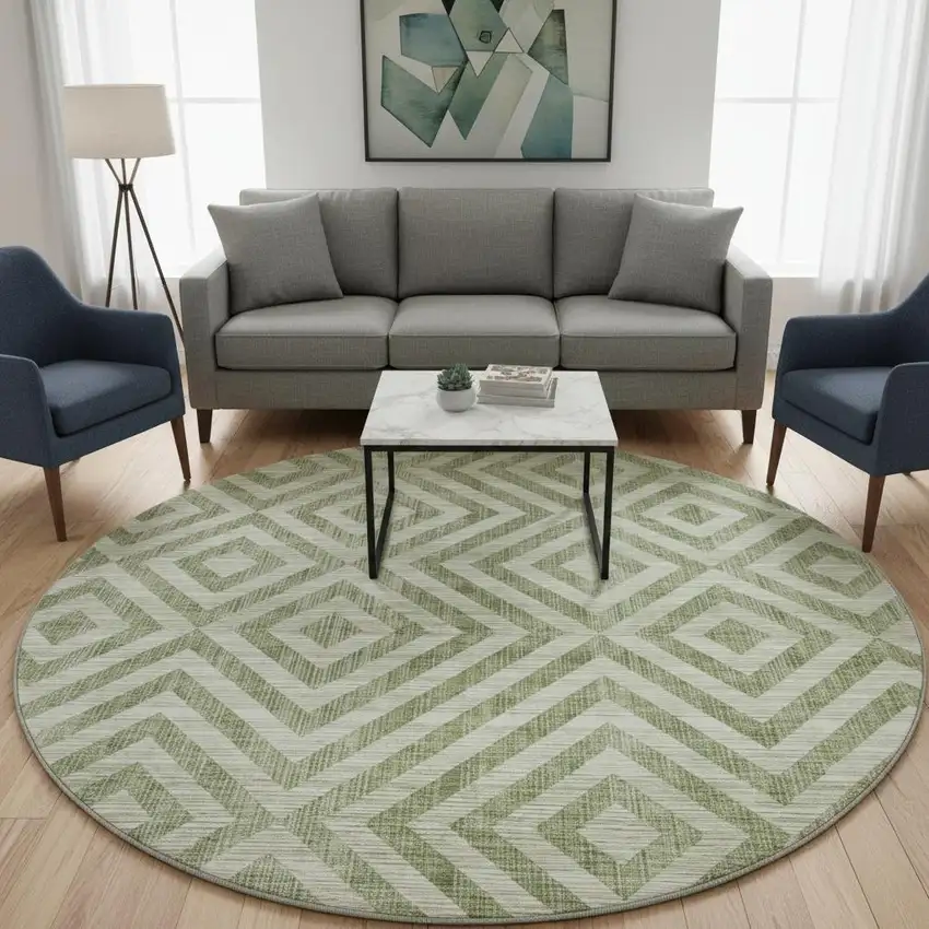 8' Green And Beige Geometric Washable Round Rug With UV Protection Photo 2