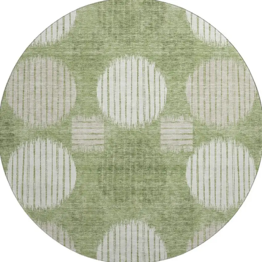 8' Green And Beige Geometric Washable Round Rug With UV Protection Photo 3