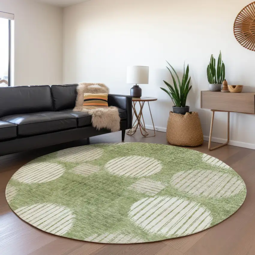 8' Green And Beige Geometric Washable Round Rug With UV Protection Photo 5