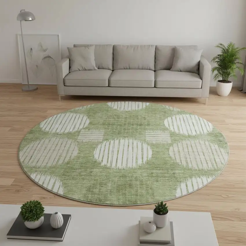 8' Green And Beige Geometric Washable Round Rug With UV Protection Photo 2