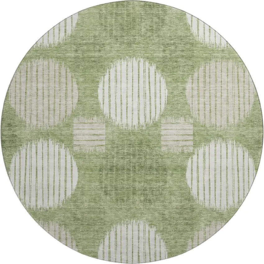 8' Green And Beige Geometric Washable Round Rug With UV Protection Photo 1