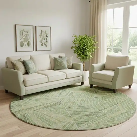 8' Green And Beige Geometric Washable Round Rug With UV Protection Photo 1