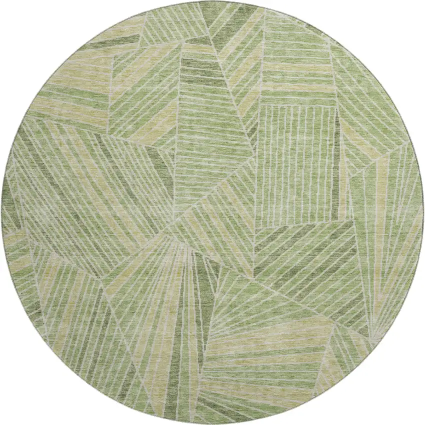 8' Green And Beige Geometric Washable Round Rug With UV Protection Photo 1