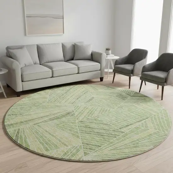 8' Green And Beige Geometric Washable Round Rug With UV Protection Photo 2