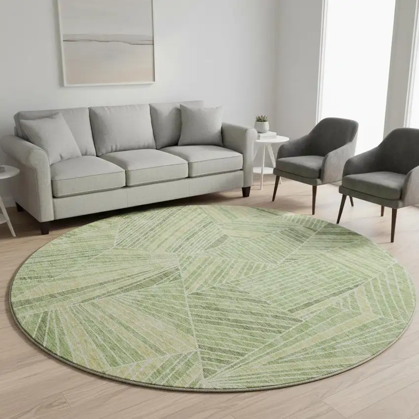 8' Green And Beige Geometric Washable Round Rug With UV Protection Photo 2