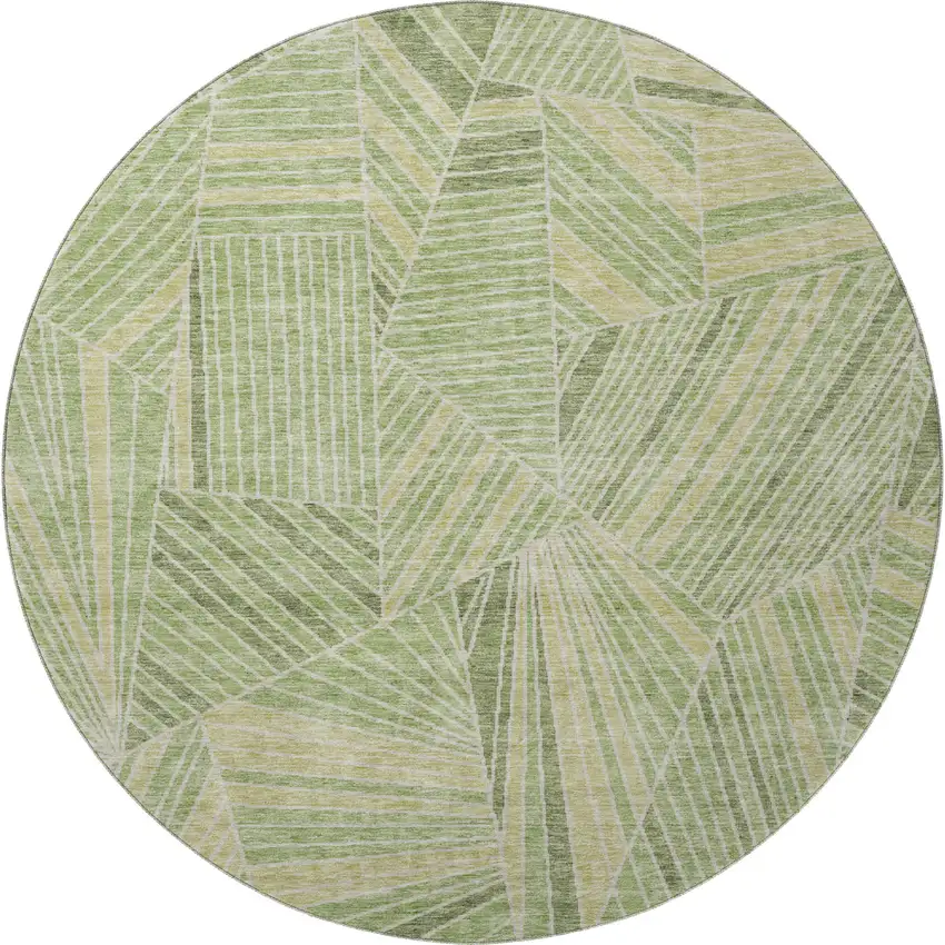 8' Green And Beige Geometric Washable Round Rug With UV Protection Photo 3