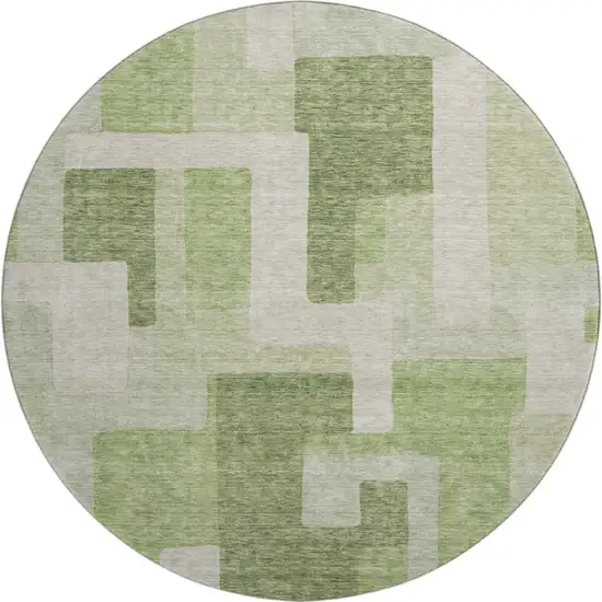 8' Green And Beige Geometric Washable Round Rug With UV Protection Photo 1