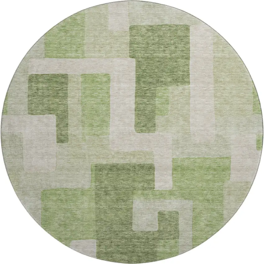 8' Green And Beige Geometric Washable Round Rug With UV Protection Photo 1