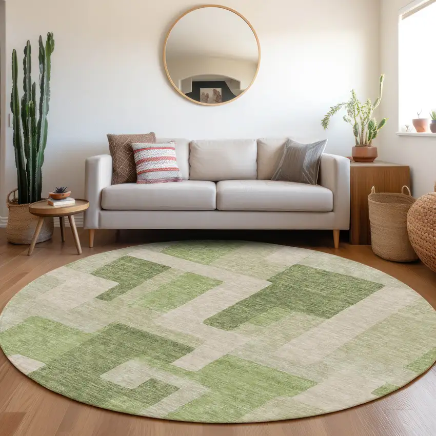 8' Green And Beige Geometric Washable Round Rug With UV Protection Photo 4