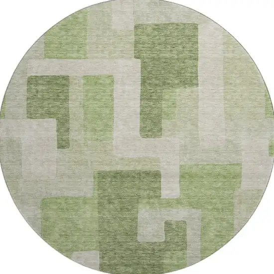 8' Green And Beige Geometric Washable Round Rug With UV Protection Photo 3