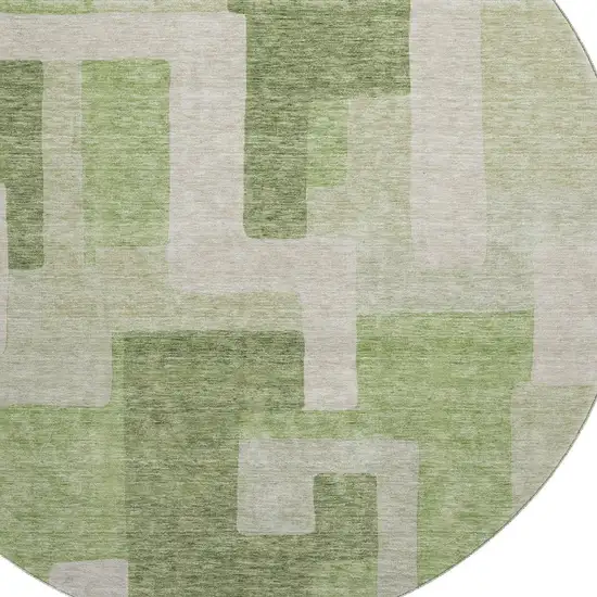 8' Green And Beige Geometric Washable Round Rug With UV Protection Photo 2