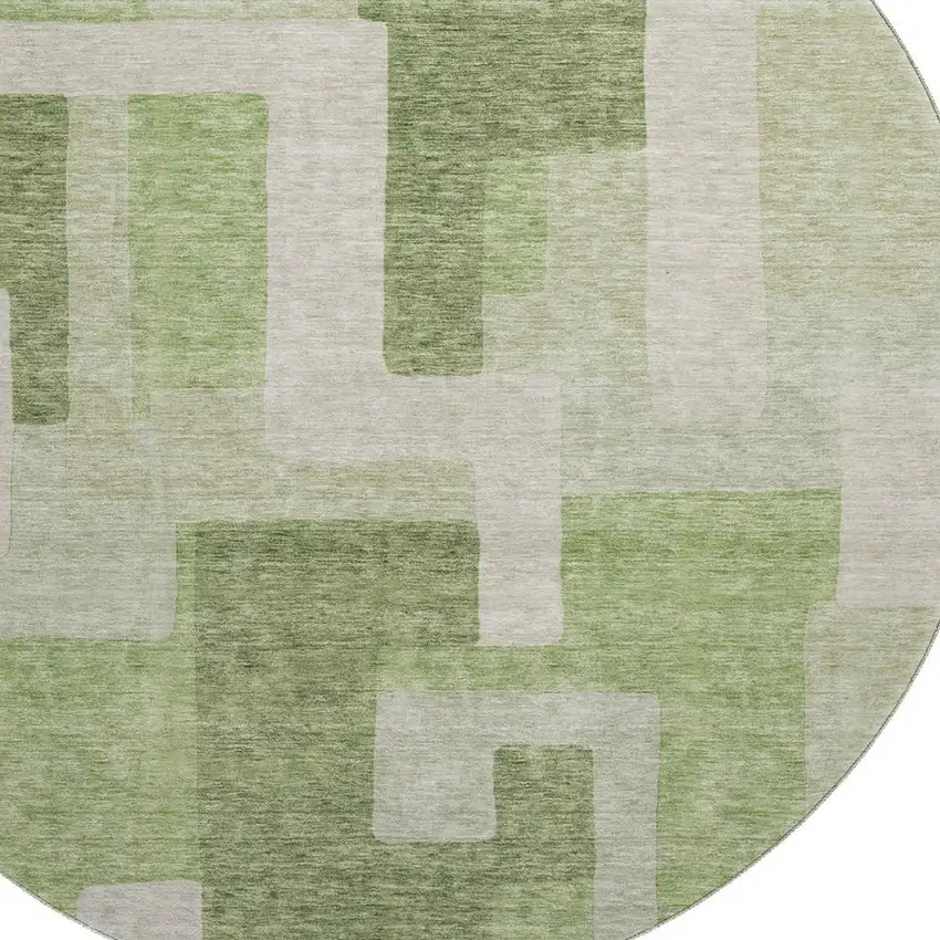 8' Green And Beige Geometric Washable Round Rug With UV Protection Photo 2