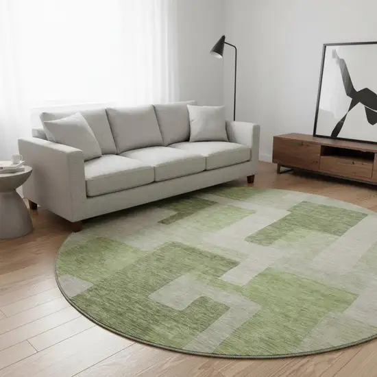 8' Green And Beige Geometric Washable Round Rug With UV Protection Photo 2